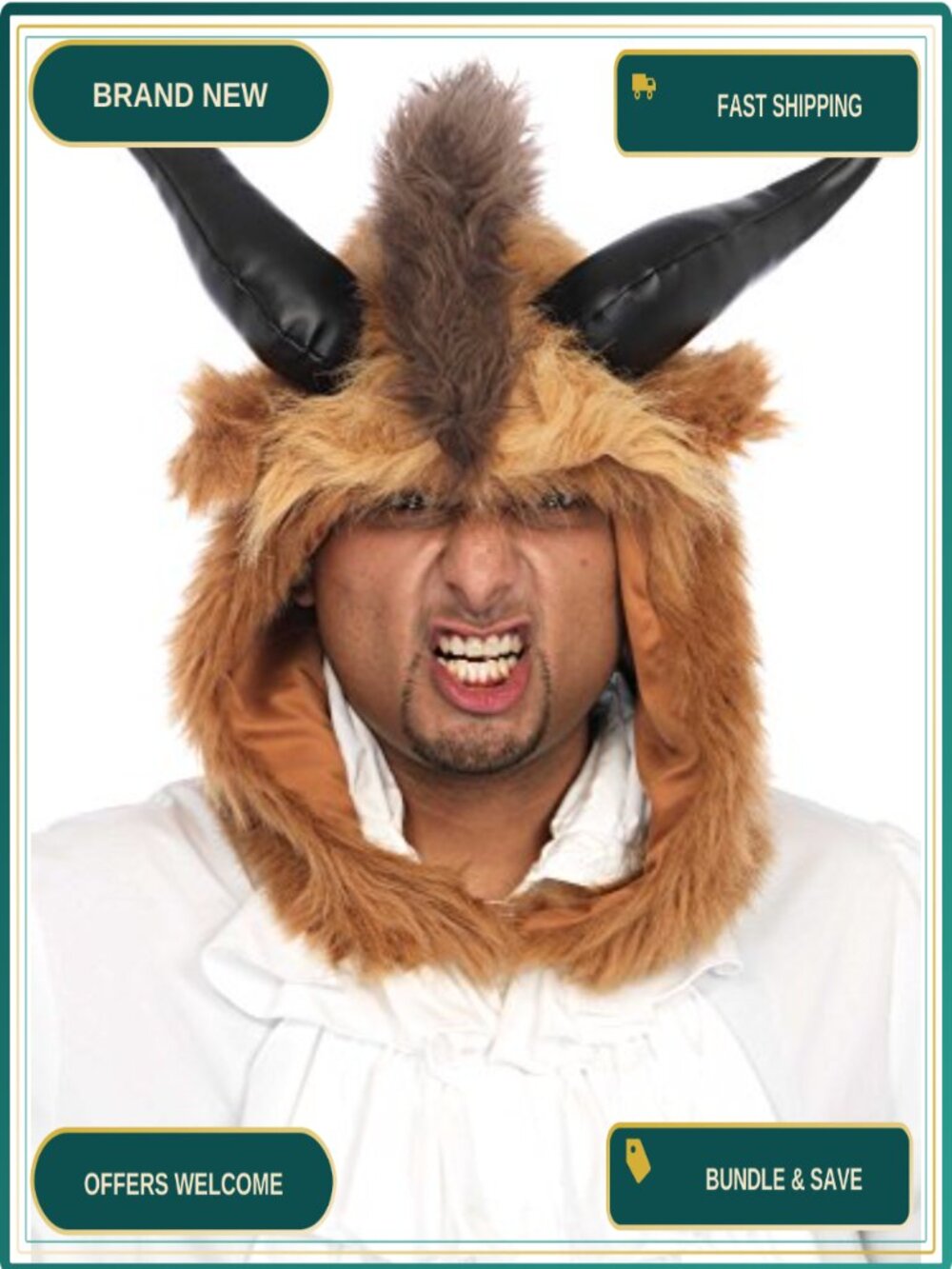 Plush Faux Fur Beast Hood Costume Accessory Faux Leather Horns Furry Ears